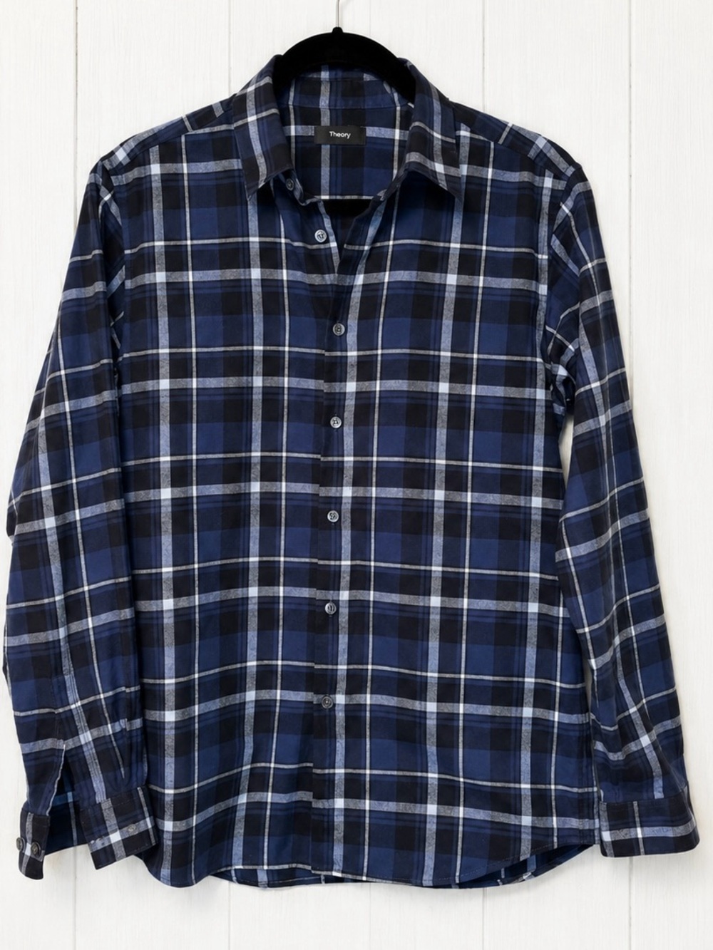 Theory Irving Plaid Button Down Shirt Blue Black Size S 100% Cotton